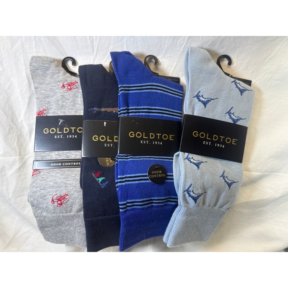 Goldtoe Mens Dress Socks 4 Pair Set Nautical Lobster Shark Sailboat Blue Grey